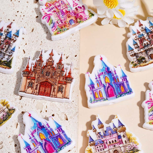 Castle Series on White Background Acrylic Beads, Random Mix