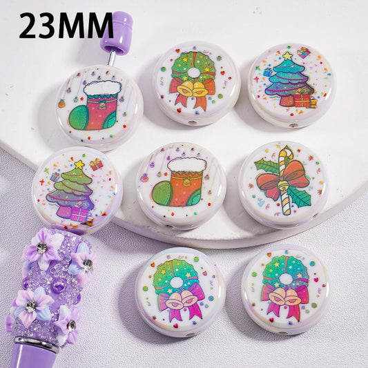 Flat Round Acrylic Beads UV Coating Cute  Christmas Series Tree  Bells Candy Cane Socks Gift 23MM, Random Mix