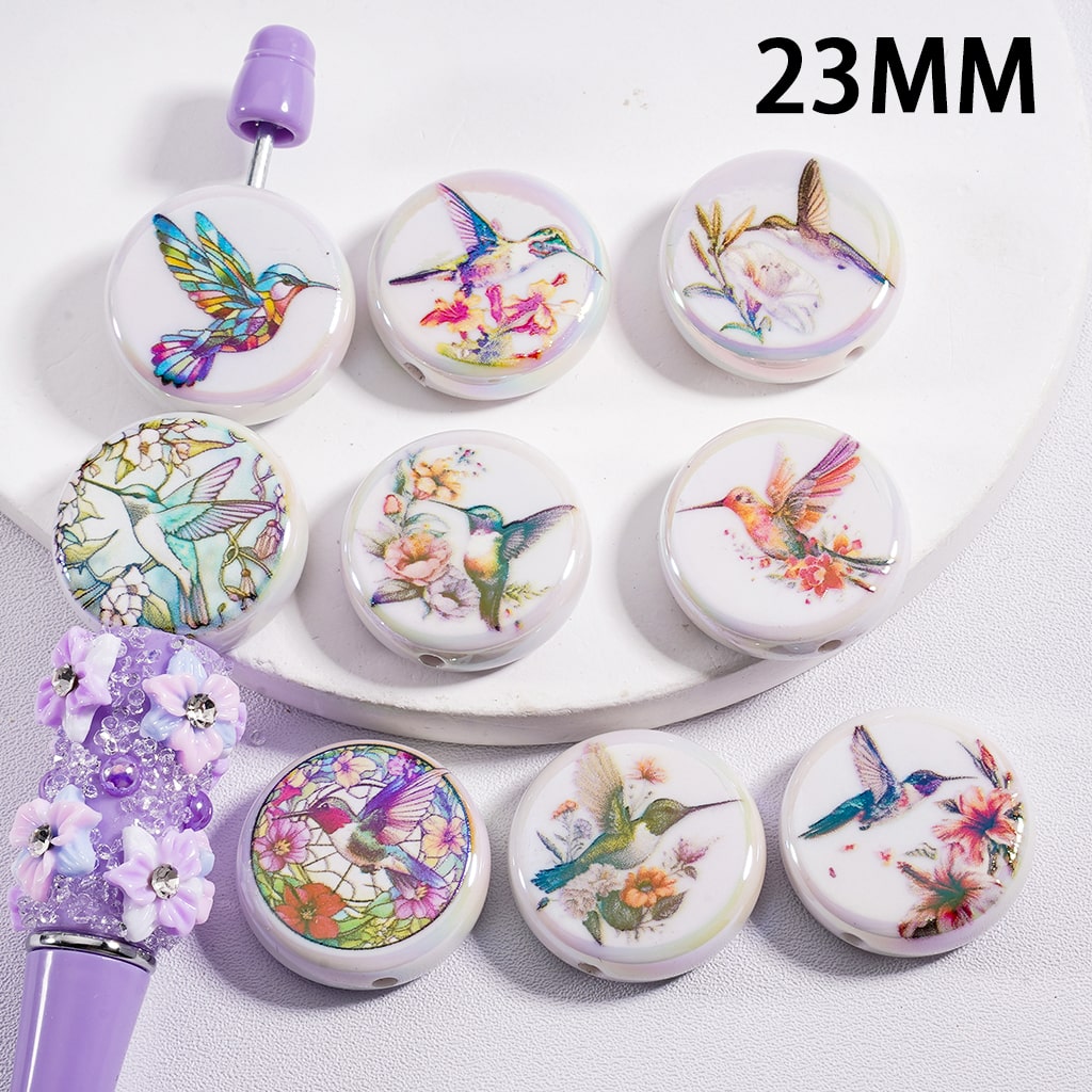 Flat Round Acrylic Beads UV Coating Cute  Hummingbird 23MM, Random Mix