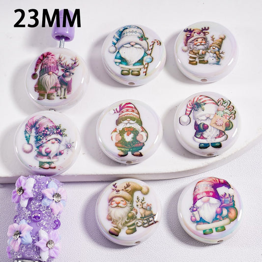 Flat Round Acrylic Beads UV Coating Cute Gnome with Christmas Hat 23MM, Random Mix