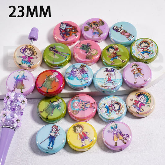 Flat Round Acrylic Beads UV Coating Cute One Piec Japan Anime Multi-Color 23MM, Random Mix