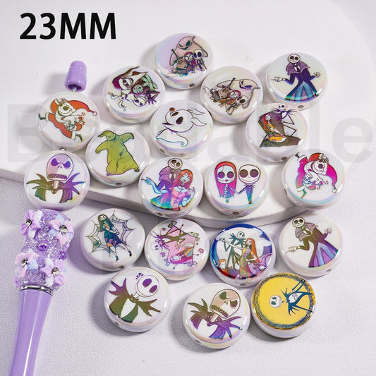Flat Round Acrylic Beads UV Coating Nightmar before Christmas Jac Sall White 23MM, Random Mix