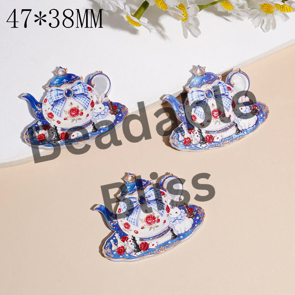 Traditional Teapot Acrylic Pendants with Poker Rabbit Blue Bow Chess Red Flower, 47*38MM