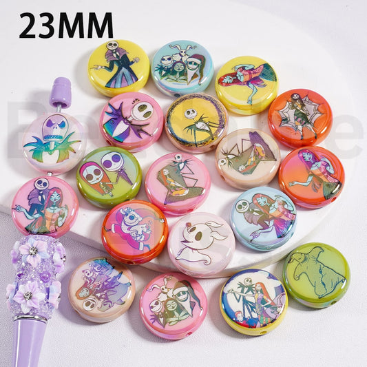Flat Round Acrylic Beads UV Coating Nightmar before Christmas Jac Sall Multi-Color 23MM, Random Mix