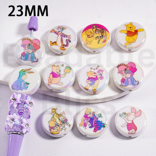Flat Round Acrylic Beads UV Coating Cute Winni the Poo White 23MM, Random Mix