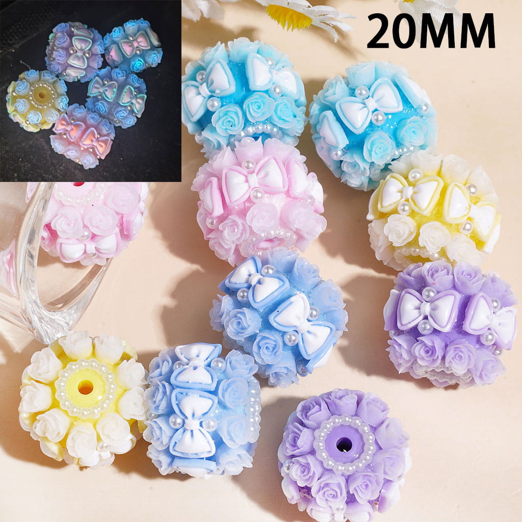 Handmade Acrylic Beads Luminous Bowtie Flowers White Pearls Solid Color 20MM, Random Mix