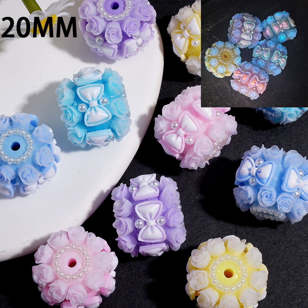 Handmade Acrylic Beads Luminous Bowtie Flowers White Pearls Solid Color 20MM, Random Mix
