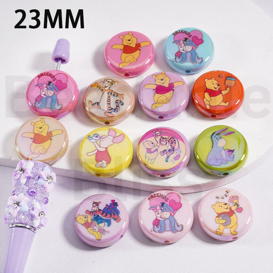 Flat Round Acrylic Beads UV Coating Cute Winni the Poo Multi-Color 23MM, Random Mix