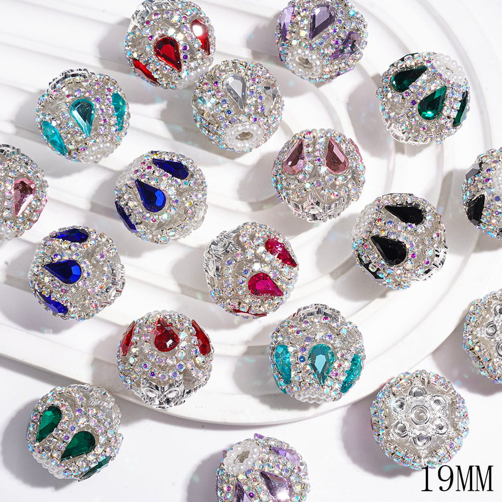 Handmade Acrylic Beads w Alloy Six Pointed Flower & White Peal Loop, Drop Water Crystal & "U" Shaped AB Rhinestone Chains, 19MM Multi-Color, Random Mix
