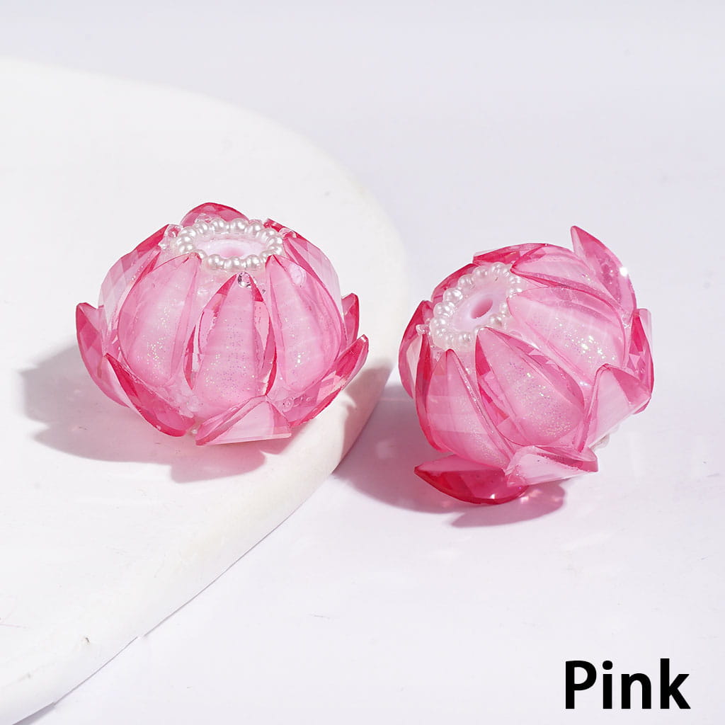 Handmade Blooming Lotus Flower Sugar Acrylic Beads Water Drop Petals Rhinestones and White Pearl Chains, 24MM, Multi-Color