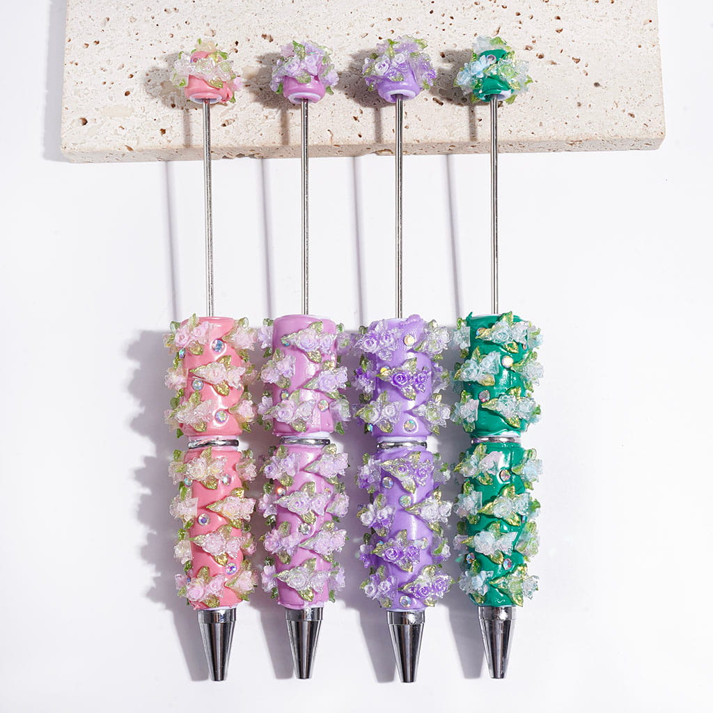 AB Rhinestones and Two Rose Flowers and Three Green Leaves with Silver Glitter Beadable Clay Pens, Multi-Color