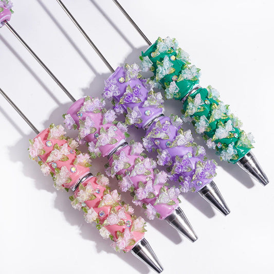 AB Rhinestones and Two Rose Flowers and Three Green Leaves with Silver Glitter Beadable Clay Pens, Multi-Color