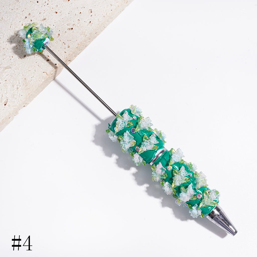 AB Rhinestones and Two Rose Flowers and Three Green Leaves with Silver Glitter Beadable Clay Pens, Multi-Color