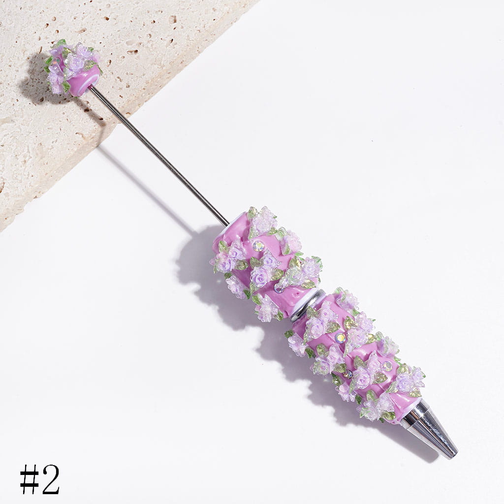 AB Rhinestones and Two Rose Flowers and Three Green Leaves with Silver Glitter Beadable Clay Pens, Multi-Color