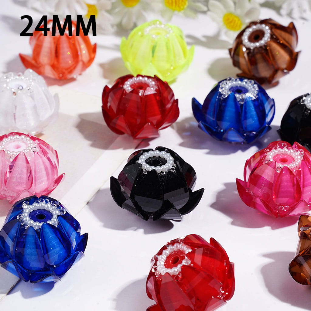 Handmade Blooming Lotus Flower Sugar Acrylic Beads Water Drop Petals Rhinestones and White Pearl Chains, 24MM, Multi-Color