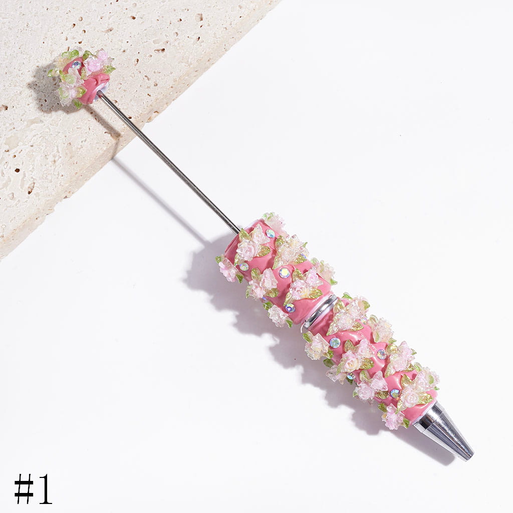 AB Rhinestones and Two Rose Flowers and Three Green Leaves with Silver Glitter Beadable Clay Pens, Multi-Color