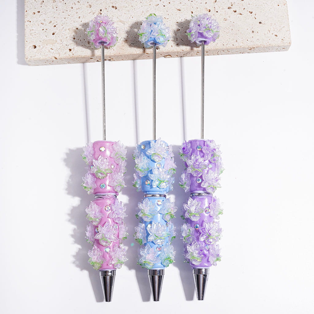 Beadable Clay Pens Snow Lotus and Green Leaf with Silver Glitter, AB Rhinestones, Multi-Color