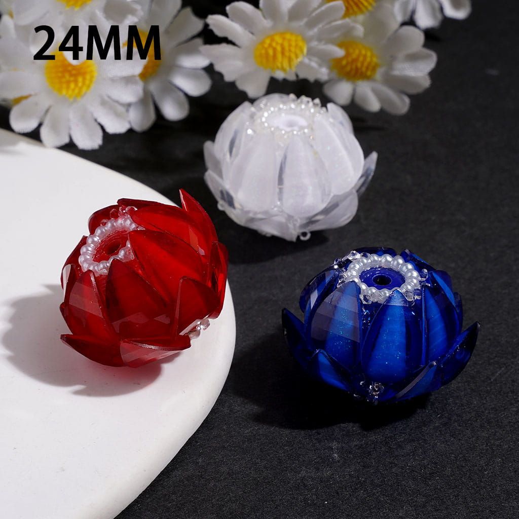 Handmade Blooming Lotus Flower Sugar Acrylic Beads Water Drop Petals Rhinestones and White Pearl Chains, 24MM, Multi-Color