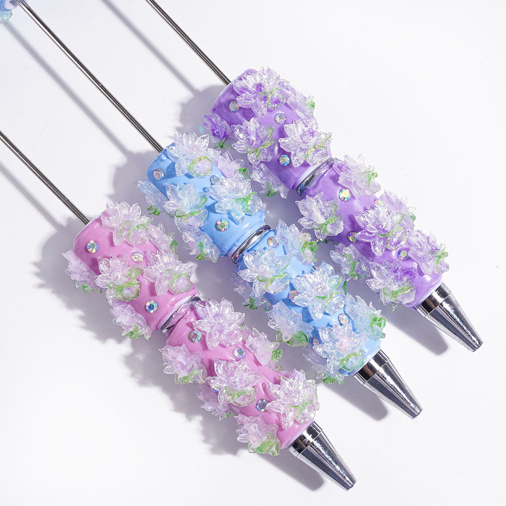Beadable Clay Pens Snow Lotus and Green Leaf with Silver Glitter, AB Rhinestones, Multi-Color