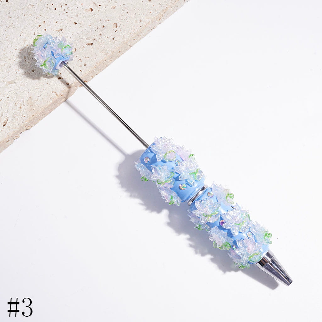 Beadable Clay Pens Snow Lotus and Green Leaf with Silver Glitter, AB Rhinestones, Multi-Color
