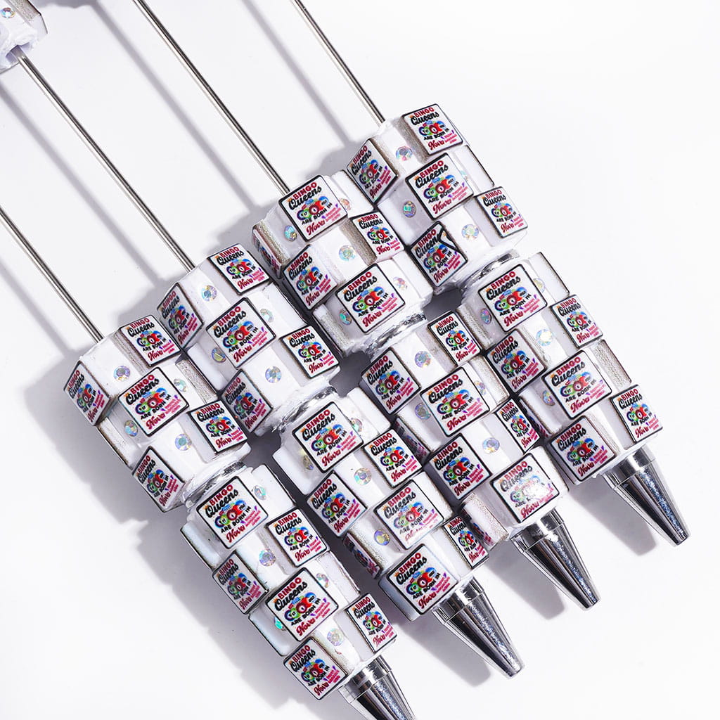 Beadable Clay Pens Square Shape Design with Bingo Game Prints, AB Rhinestones