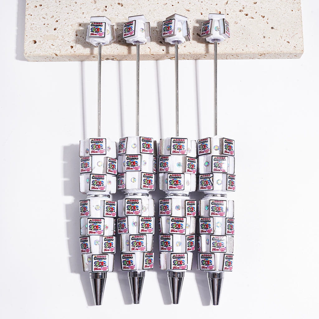 Beadable Clay Pens Square Shape Design with Bingo Game Prints, AB Rhinestones