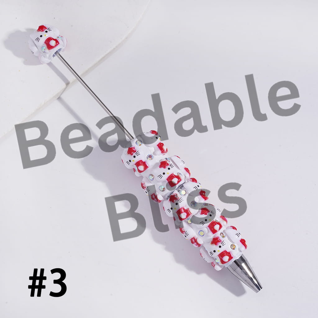 Beadable Clay Pens with Cute Cat Character Wearing Star on Head, AB Rhinestones and White Pearl, Multi-Color