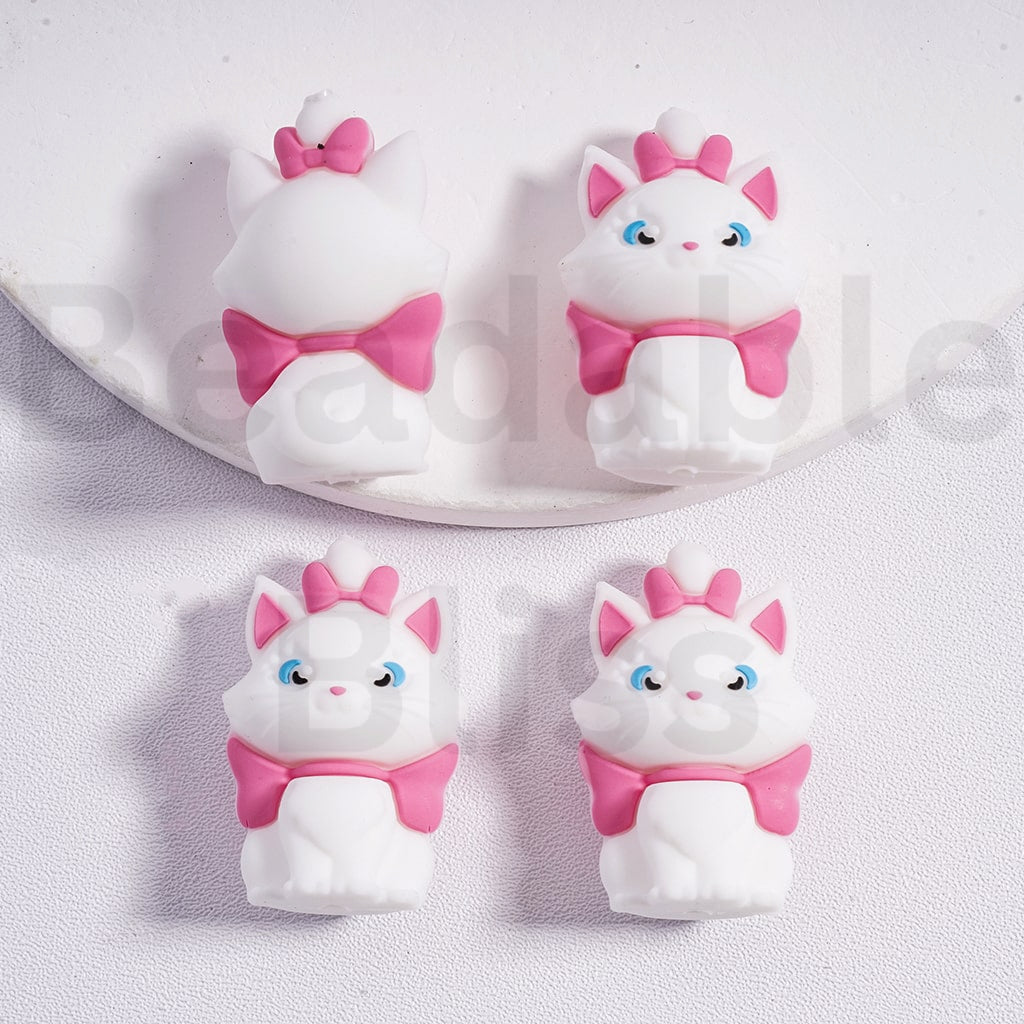 Silicone Focal Beads 3D The Cute Cat with Pink Bowknot Mari