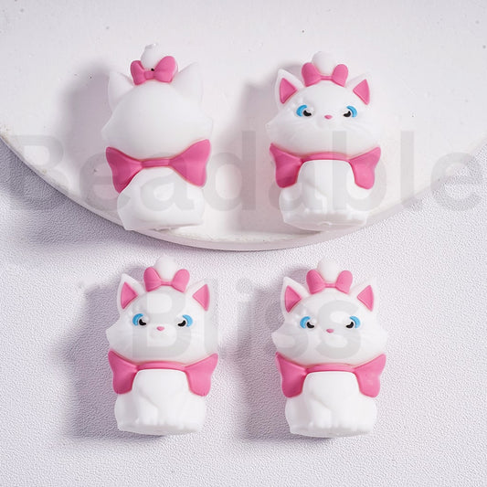Silicone Focal Beads 3D The Cute Cat with Pink Bowknot Mari