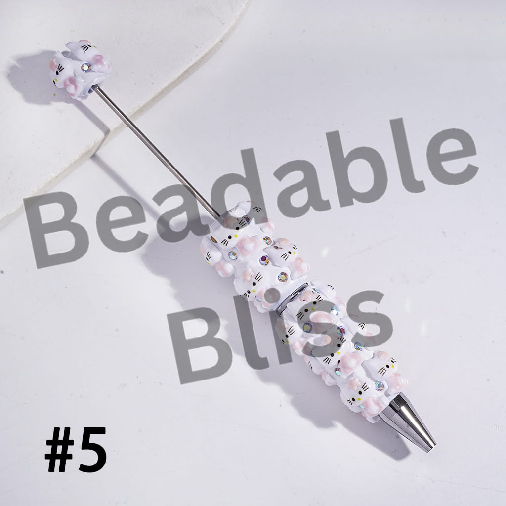 Beadable Clay Pens with Cute Cat Character Wearing Star on Head, AB Rhinestones and White Pearl, Multi-Color