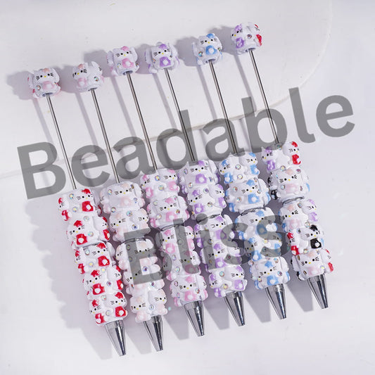 Beadable Clay Pens with Cute Cat Character Wearing Star on Head, AB Rhinestones and White Pearl, Multi-Color
