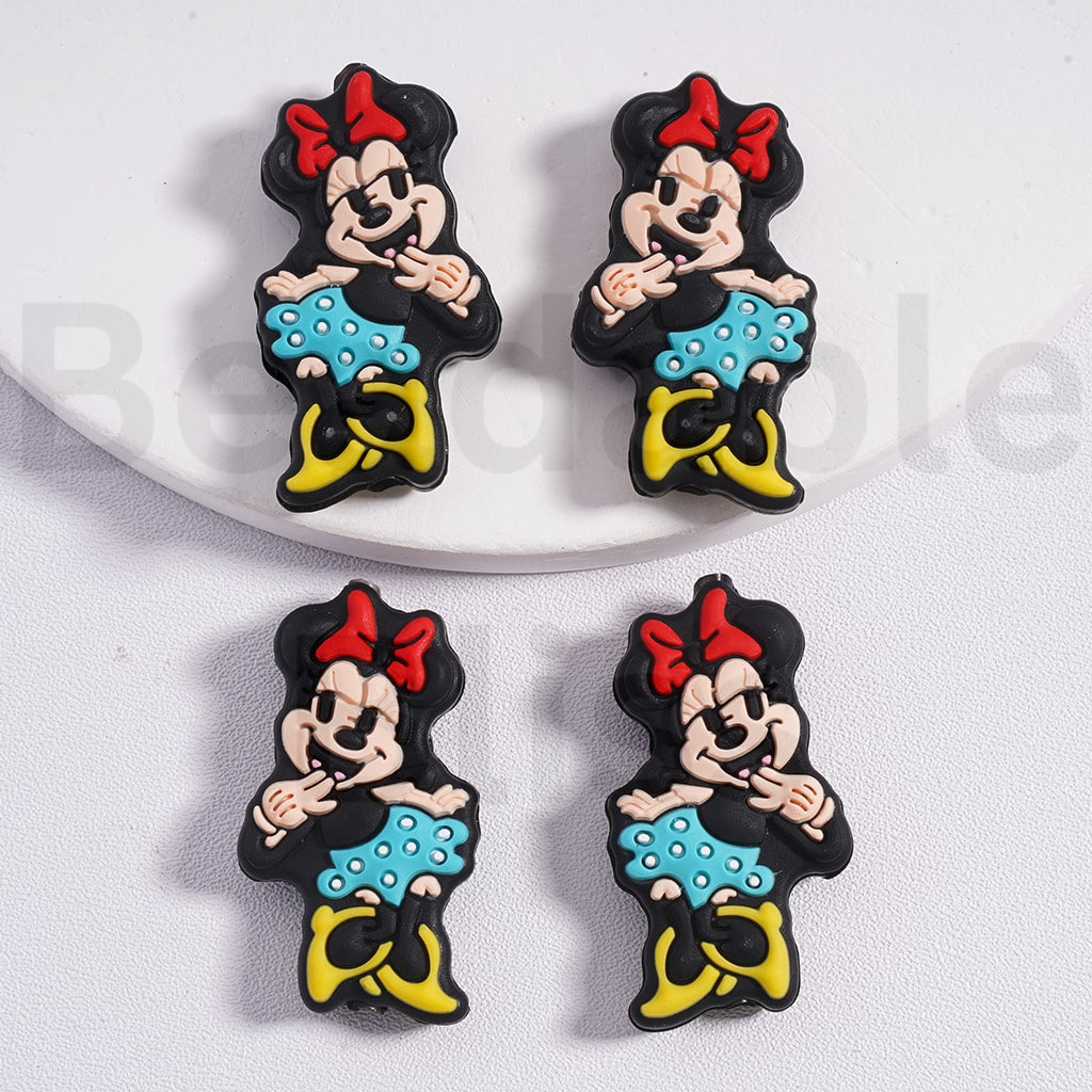 Silicone Focal Beads Cute Minni with Red Bowknot Blue Skirt