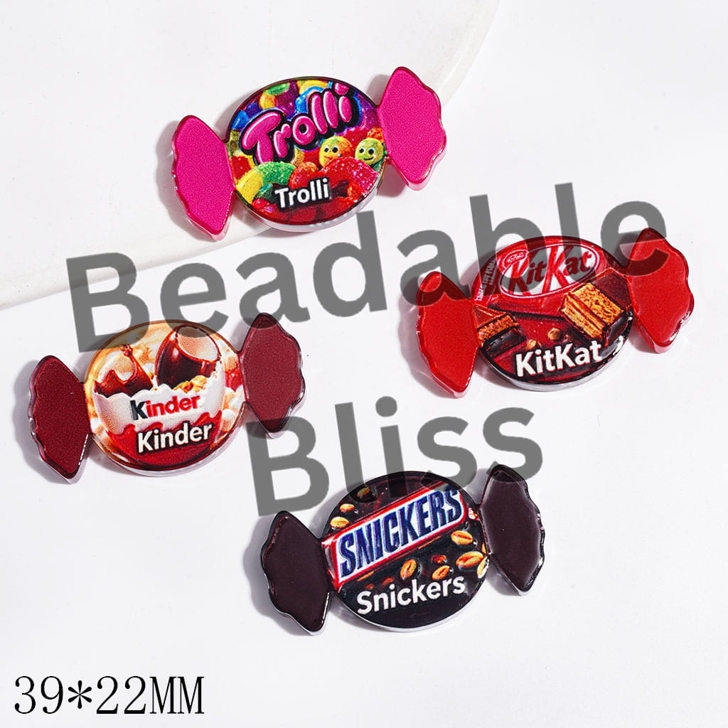 Chocolate Candy Soft Sweets Soda Drink Acrylic Beads, Flat Candy Shape, 39*22MM, Horizontal Hole, Random Mix