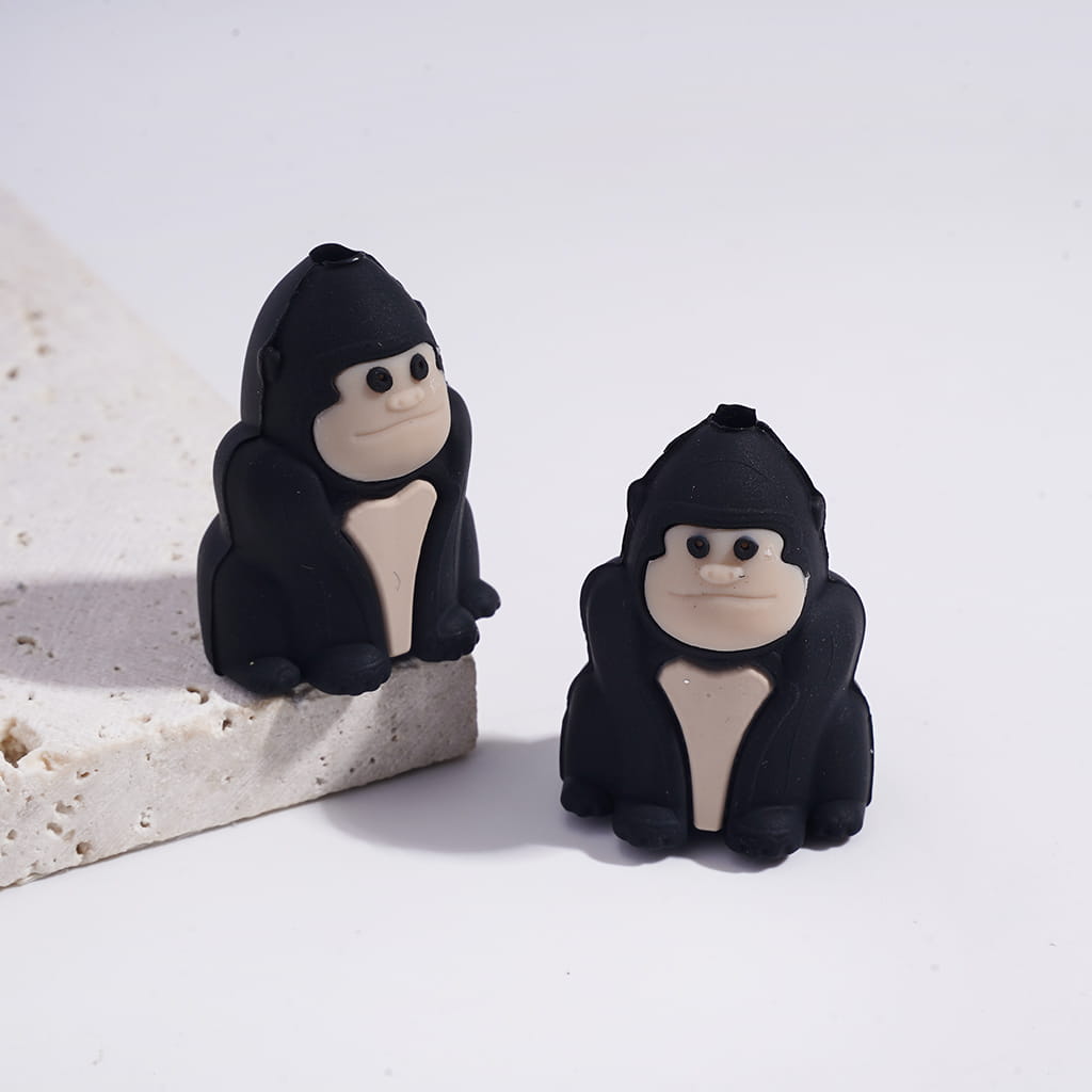 Silicone Focal Beads 3D Gorilla in Sitting Position, Black and Brown