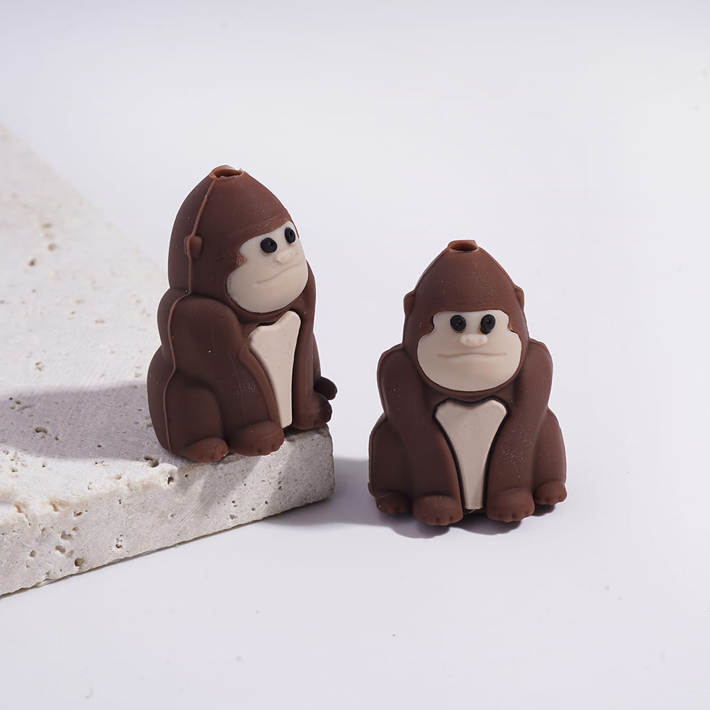 Silicone Focal Beads 3D Gorilla in Sitting Position, Black and Brown