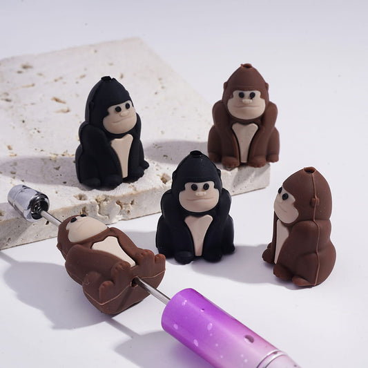 Silicone Focal Beads 3D Gorilla in Sitting Position, Black and Brown