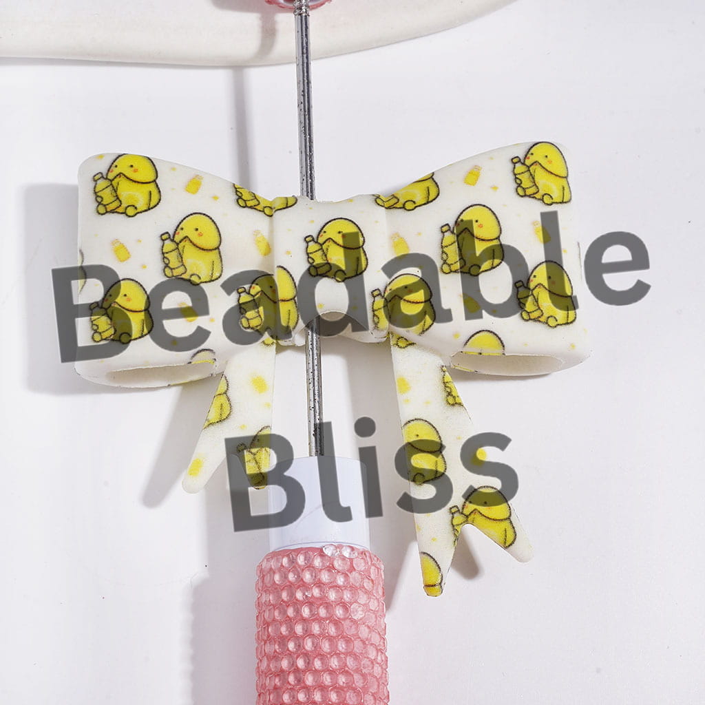 UV-Printed Focal Beads Soft Bowtie with Yellow Man Exclusive Holding Drink Bottle, 53*59MM