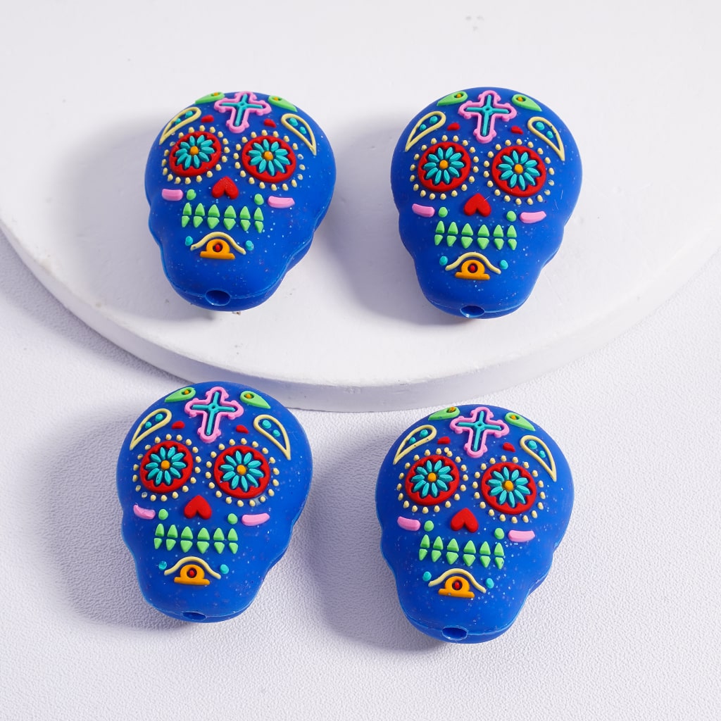 Silicone Focal Beads 3D Colorful Prints Skeleton Skull Head  Halloween