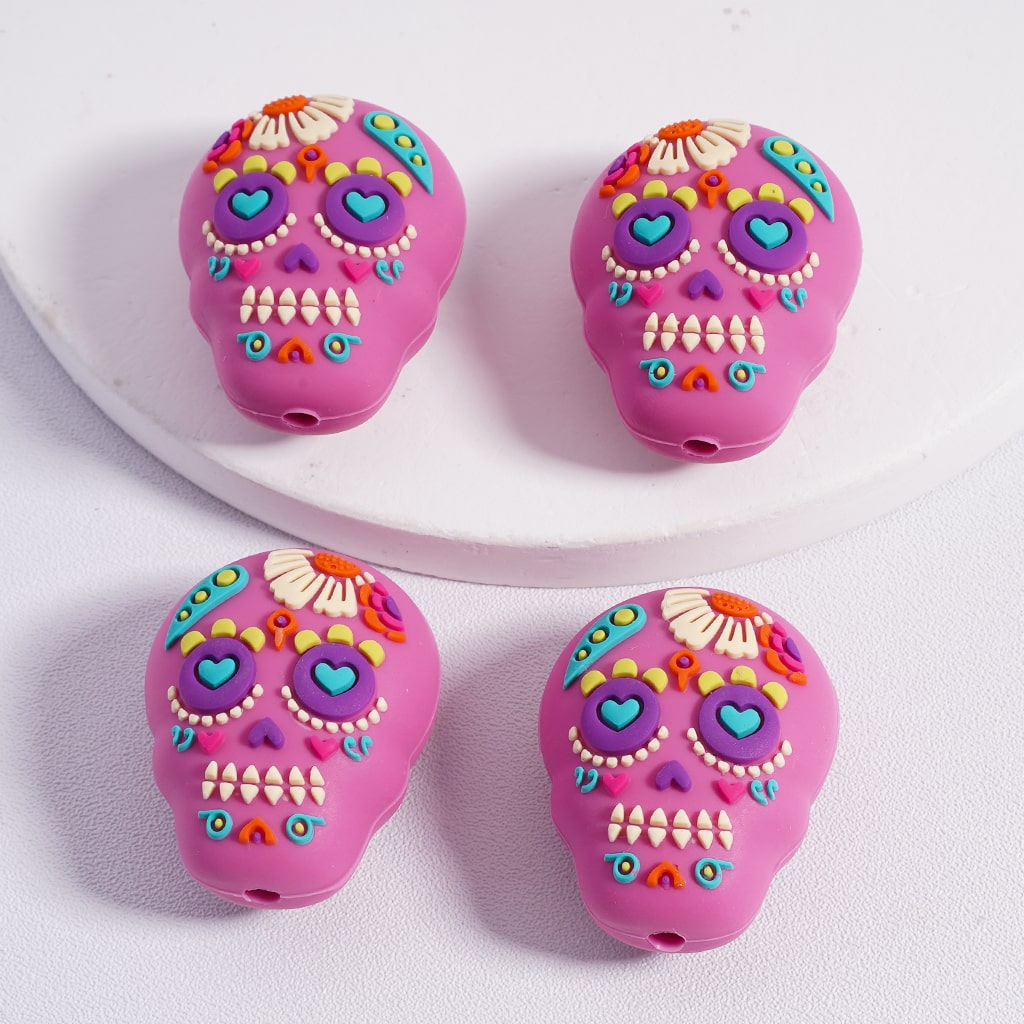 Silicone Focal Beads 3D Colorful Prints Skeleton Skull Head  Halloween