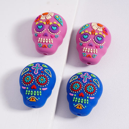 Silicone Focal Beads 3D Colorful Prints Skeleton Skull Head  Halloween