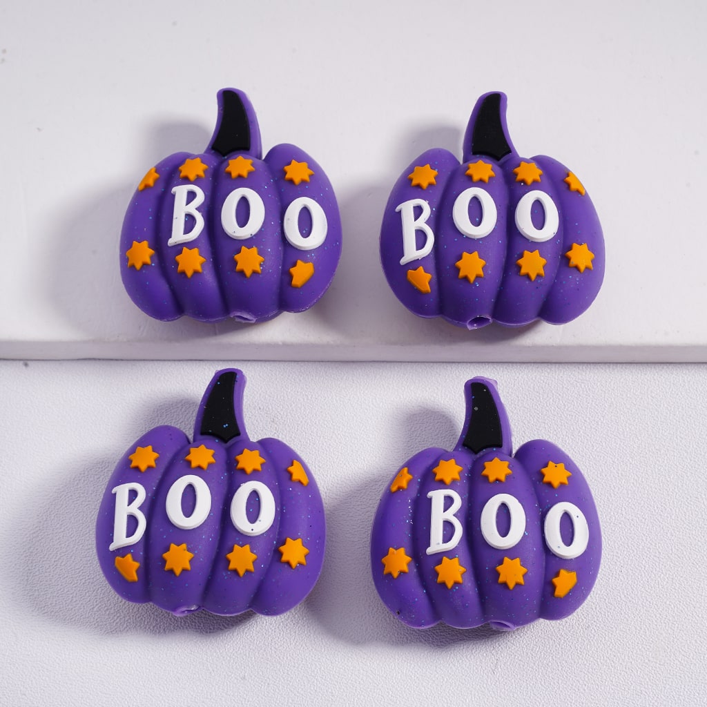 Silicone Focal Beads 3D Purple Pumpkin with Mini Yellow Star Boo Halloween
