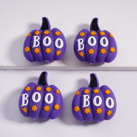 Silicone Focal Beads 3D Purple Pumpkin with Mini Yellow Star Boo Halloween