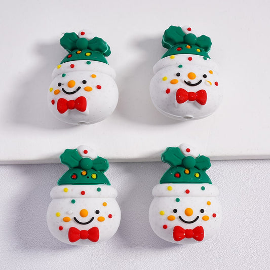 Silicone Focal Beads 3D  Christmas Snowman with Green Hat Red Bowknot