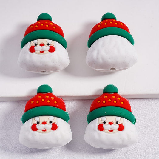 Silicone Focal Beads 3D Santa Clau Father Christmas with Red & Green Hat