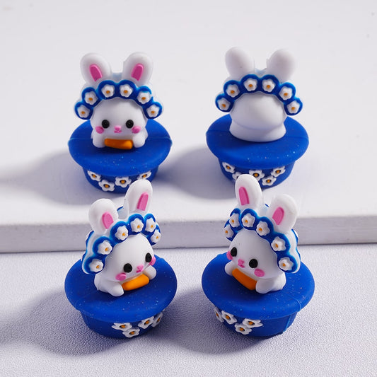 Silicone Focal Beads 3D Cute Bunny Rabbit with Flower Garland on a Blue Pedestal