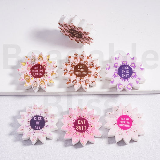 Silicone Focal Beads Cute Labub Prints Flowers with Bad Words, Random Mix