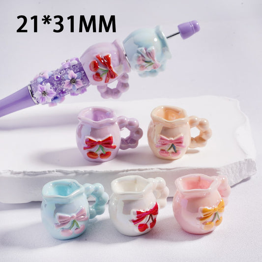 Acrylic Beads UV Coating Cute Cup Teapot with Bowknots Cherries 21*31MM, Random Mix