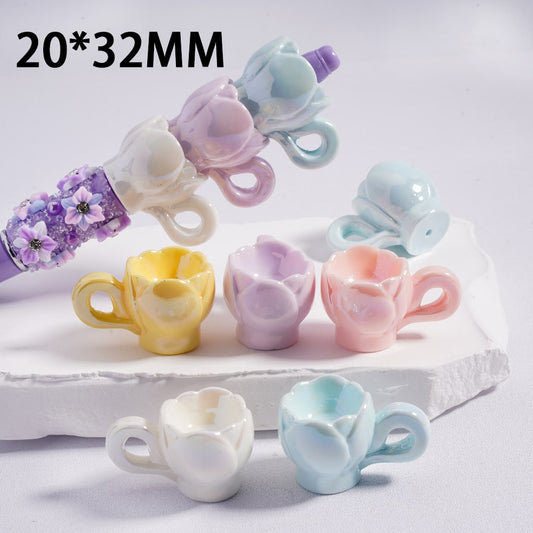 Acrylic Beads UV Coating Cute Flower Cup Bottle 20*32MM, Random Mix