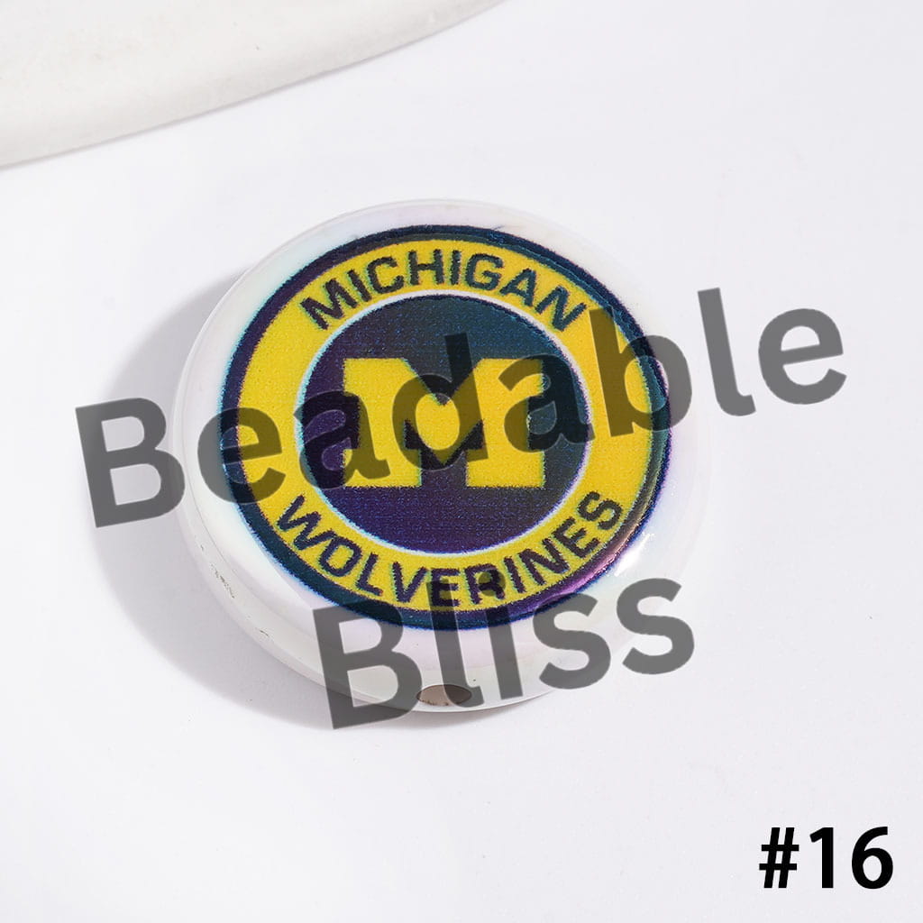 UV-Coated Acrylic Beads with American College Football Team Series, Flat Round Shape, 23MM