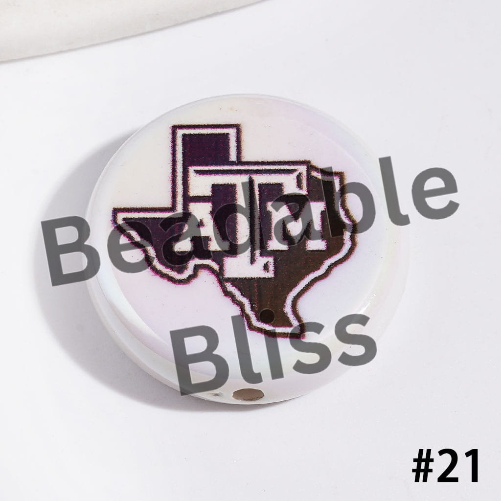 UV-Coated Acrylic Beads with American College Football Team Series, Flat Round Shape, 23MM